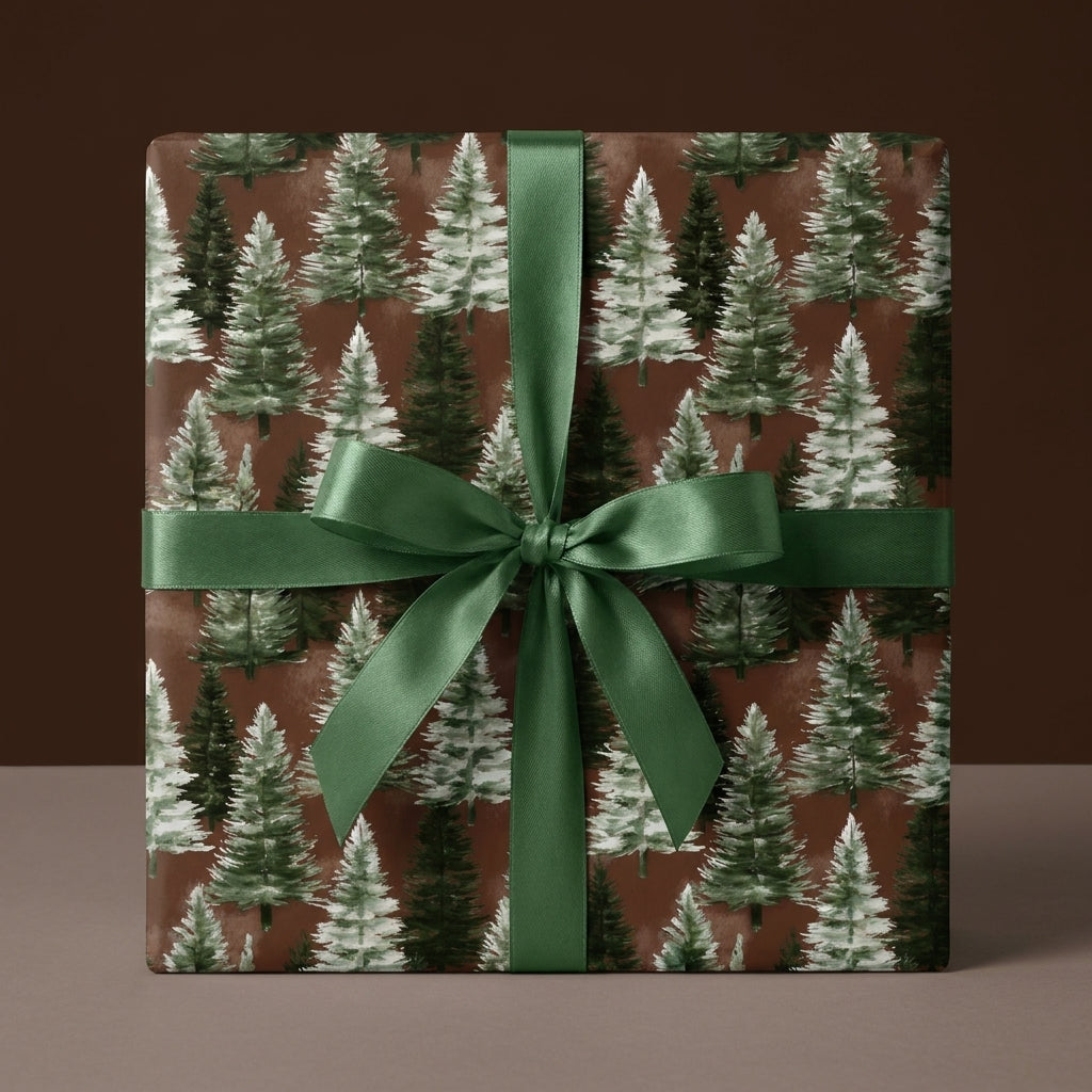 Rustic pine tree Christmas wrapping paper with a green satin ribbon bow, by Wrapped Studios.