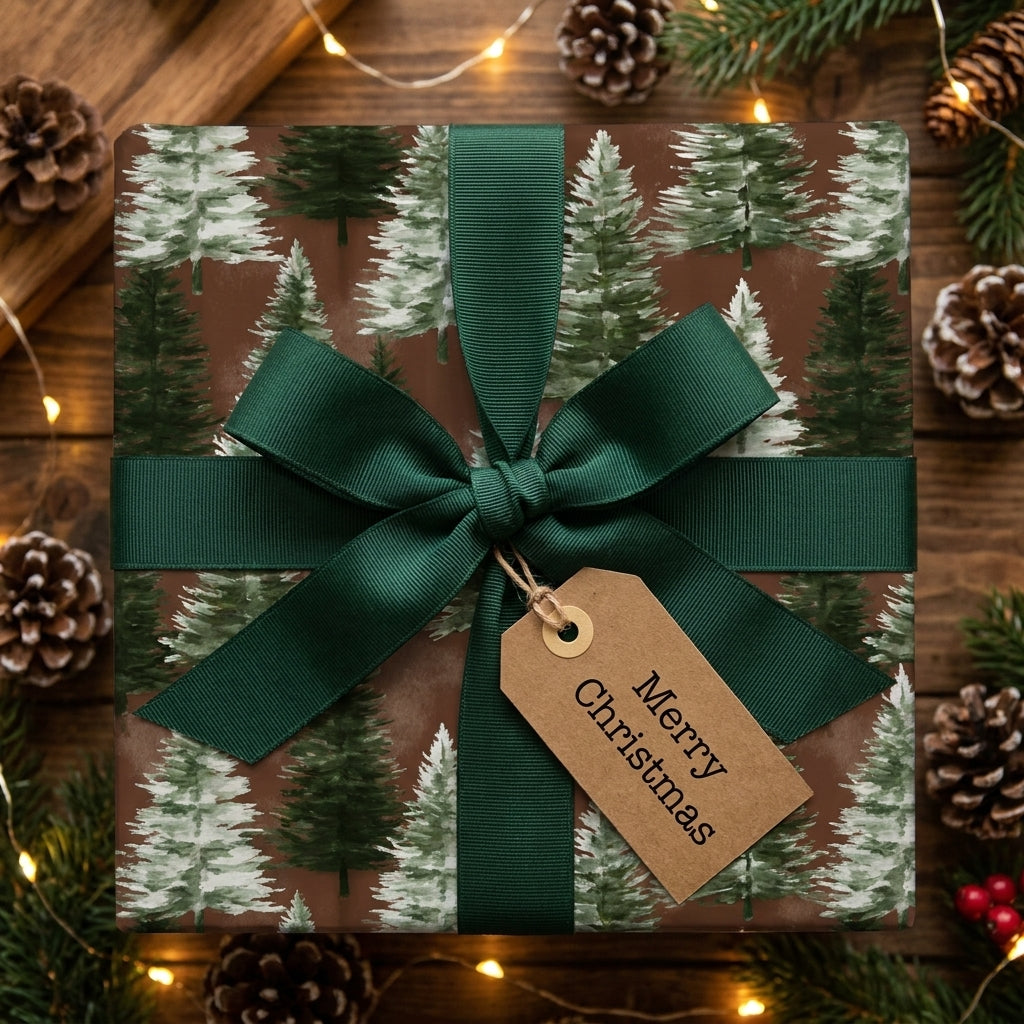 Rustic watercolor pine tree Christmas wrapping paper with a green ribbon by Wrapped Studios.