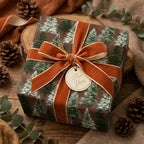 Rustic pine tree Christmas gift wrap with a rust velvet bow and tag by Wrapped Studios.