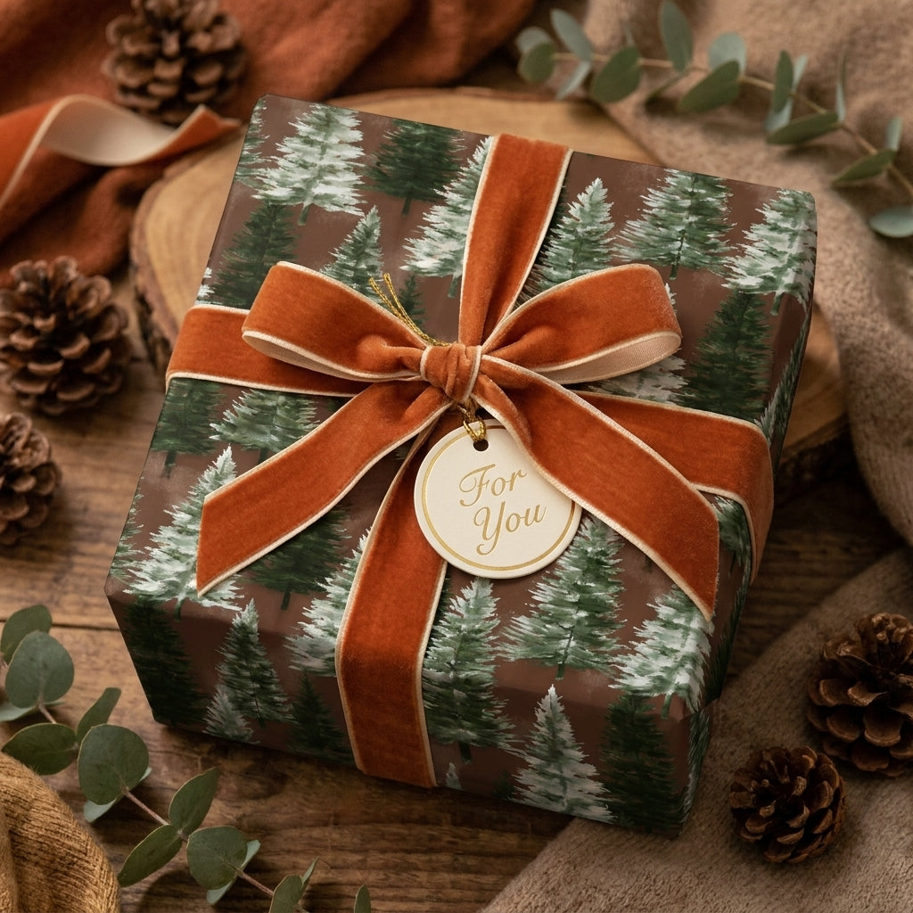 Rustic pine tree Christmas gift wrap with a rust velvet bow and tag by Wrapped Studios.