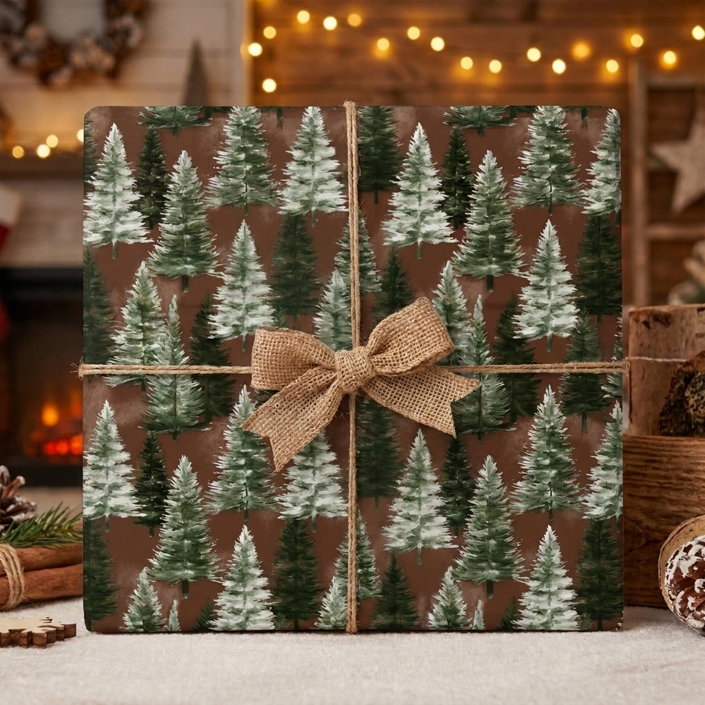 Rustic Christmas wrapping paper with watercolor pine trees and a burlap bow by Wrapped Studios.