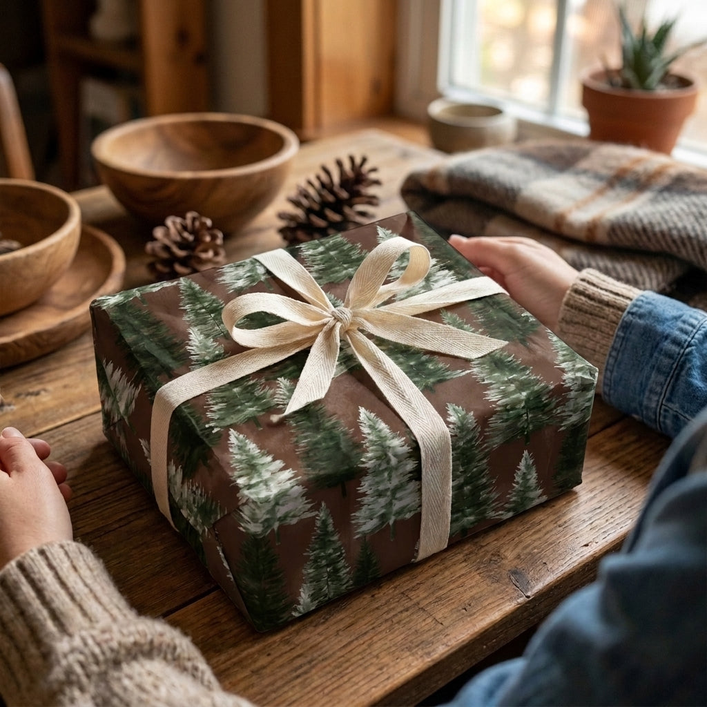 Rustic pine tree Christmas wrapping paper with a cream ribbon bow by Wrapped Studios.
