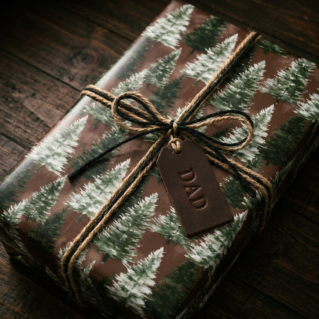 Rustic forest pine tree wrapping paper with a twine bow and leather Dad tag by Wrapped Studios.