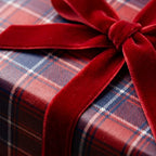 Red plaid Christmas wrapping paper with a luxury velvet bow by Wrapped Studios.