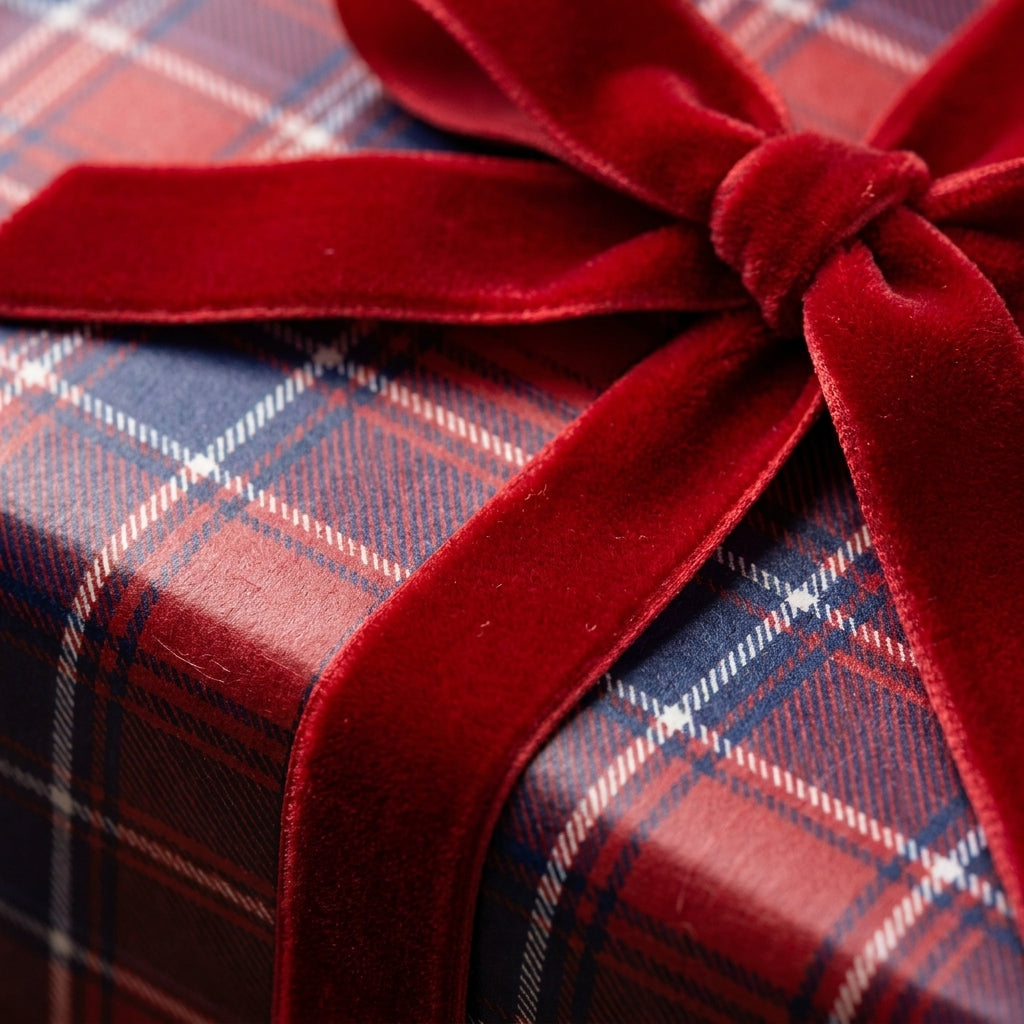 Red plaid Christmas wrapping paper with a luxury velvet bow by Wrapped Studios.