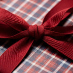 Red and blue plaid Christmas wrapping paper with a red grosgrain bow by Wrapped Studios.