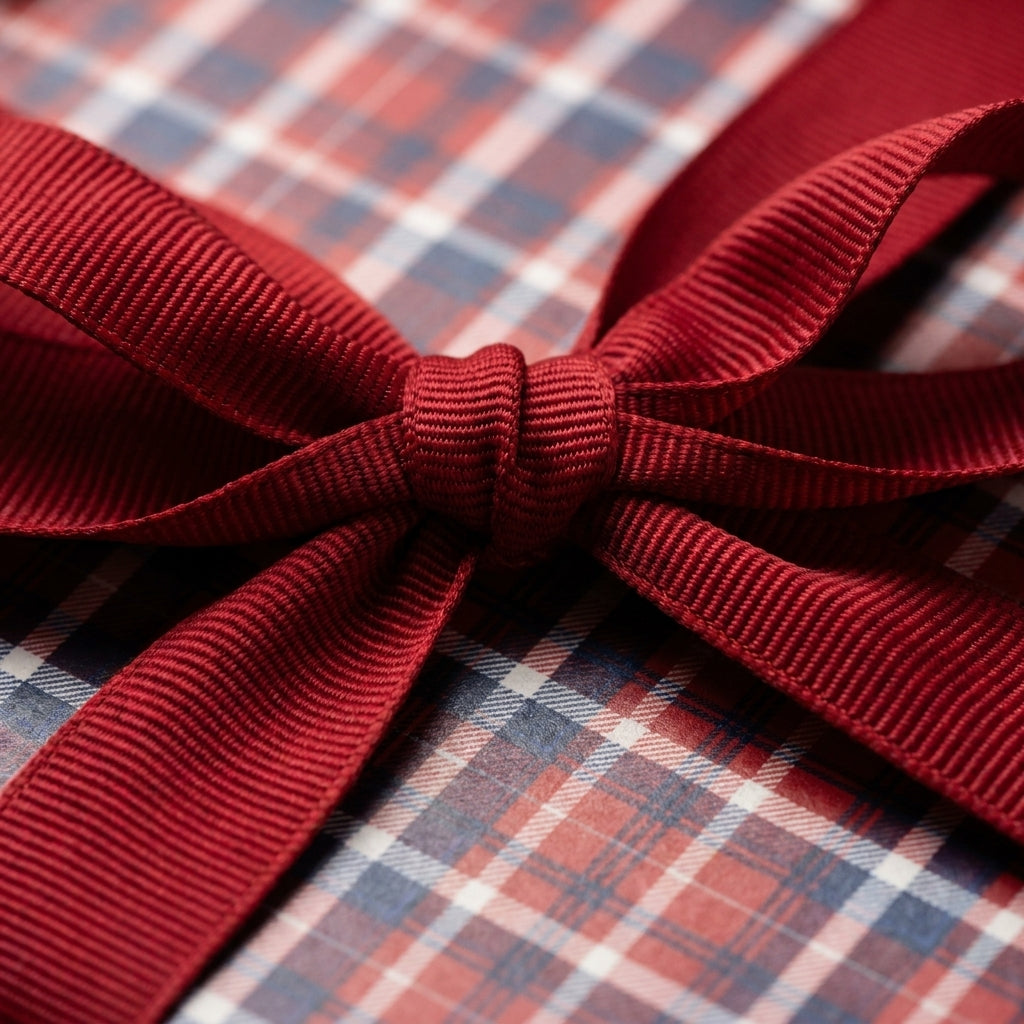 Red and blue plaid Christmas wrapping paper with a red grosgrain bow by Wrapped Studios.