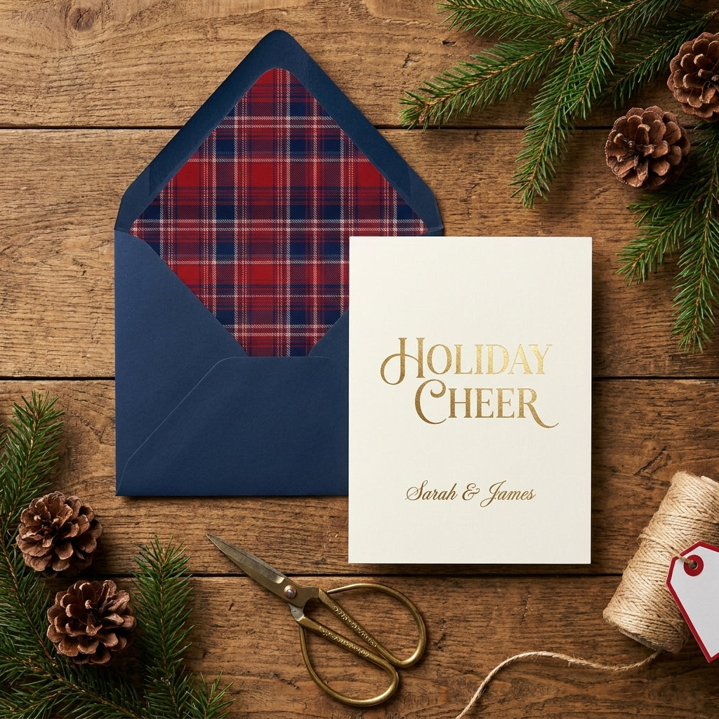 Gold foil Holiday Cheer Christmas card and plaid envelope liner on rustic wood by Wrapped Studios.