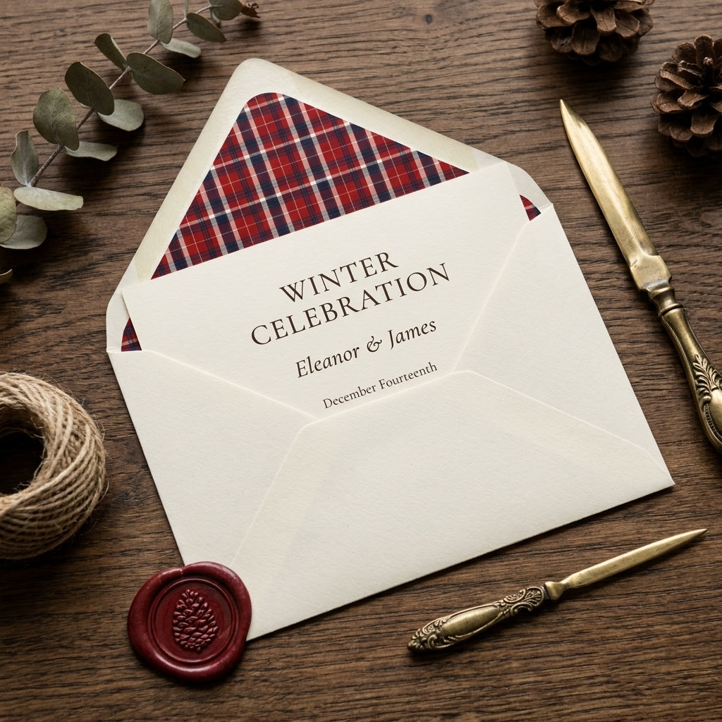 Winter wedding invitation in a red tartan plaid envelope liner on a rustic wood table by Wrapped Studios.