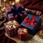Luxury plaid wrapping paper and navy Christmas gift wrap with velvet bows by Wrapped Studios.