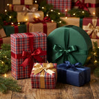 Elegant red plaid and solid green Christmas gift wrap with satin ribbons by Wrapped Studios.