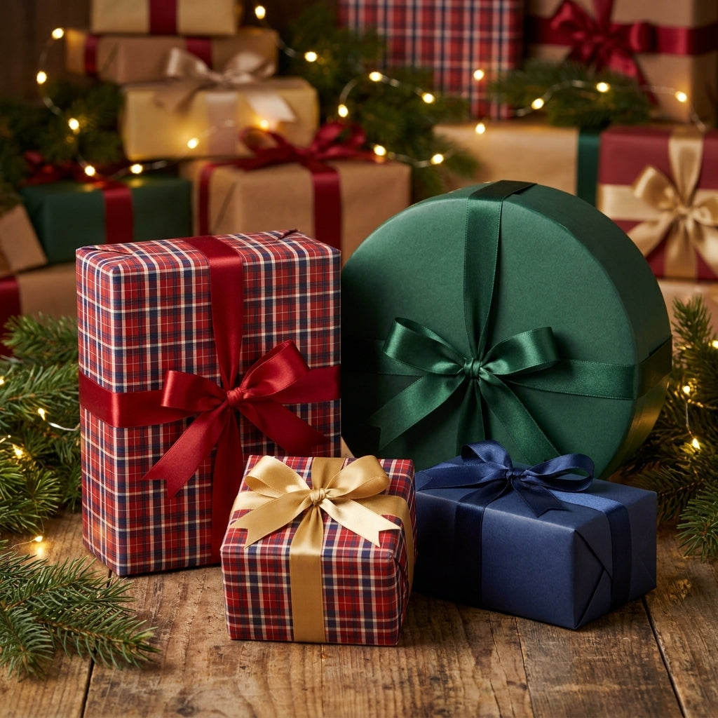 Elegant red plaid and solid green Christmas gift wrap with satin ribbons by Wrapped Studios.