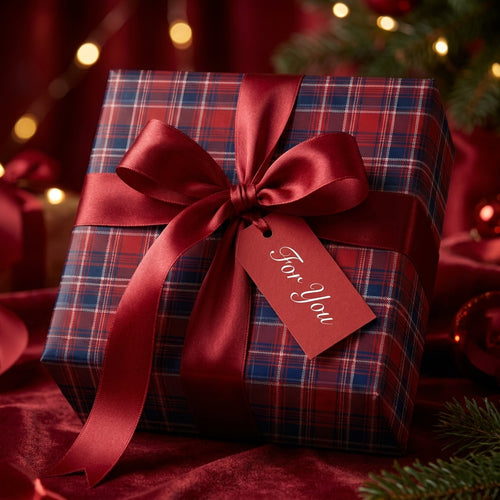 Red plaid Christmas wrapping paper with a satin ribbon and 'For You' tag by Wrapped Studios.
