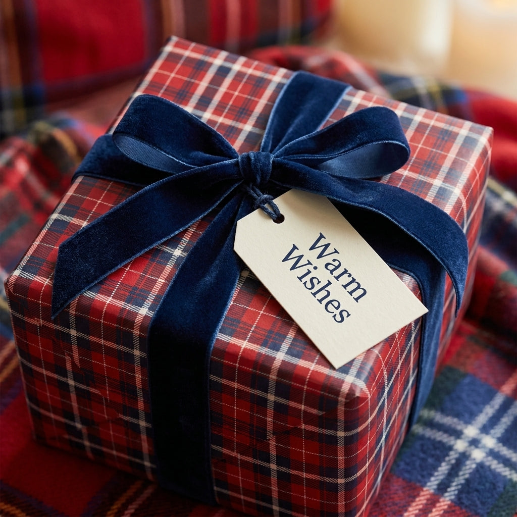 Red plaid Christmas wrapping paper with a navy velvet bow and "Warm Wishes" gift tag by Wrapped Studios.