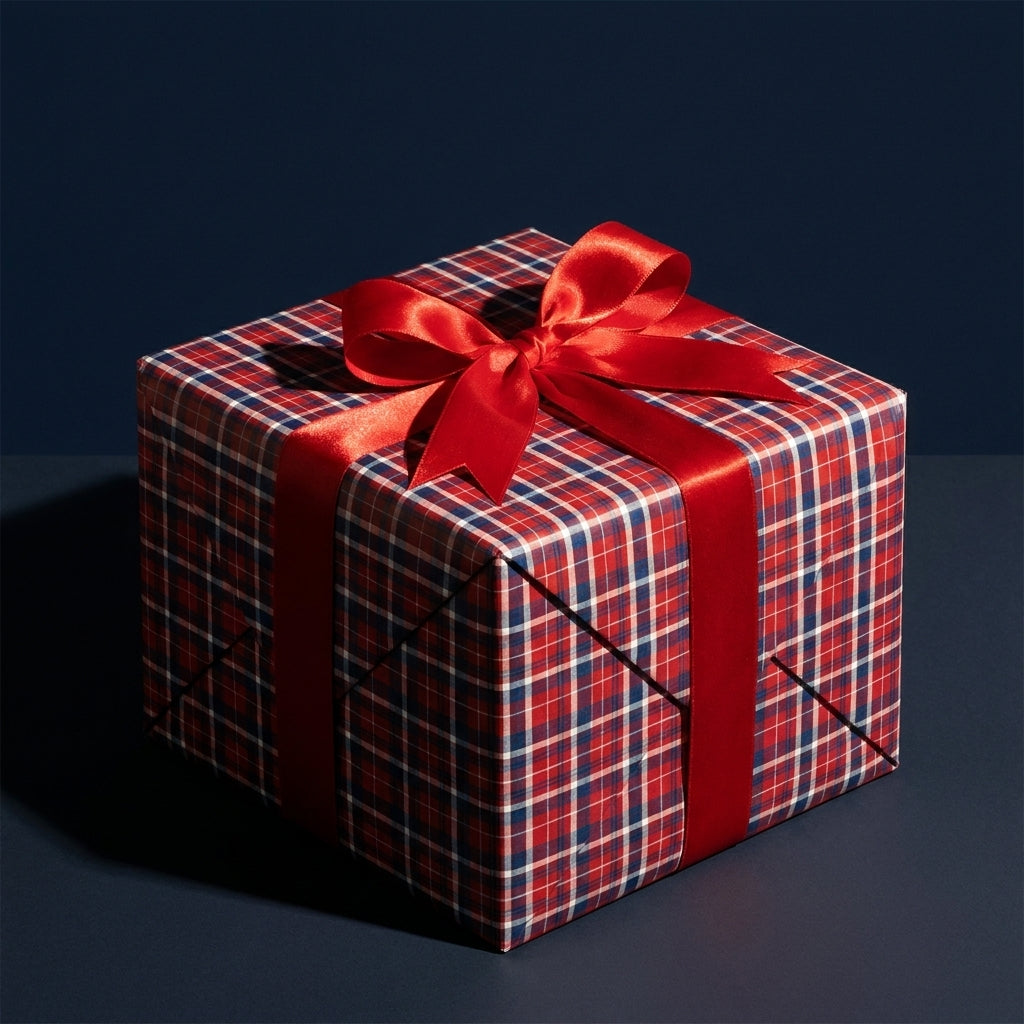 Red and blue plaid Christmas gift wrap with a red satin bow on a box by Wrapped Studios.