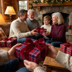 Red plaid Christmas gift wrap with a velvet bow by Wrapped Studios, held by a family by the fireplace.