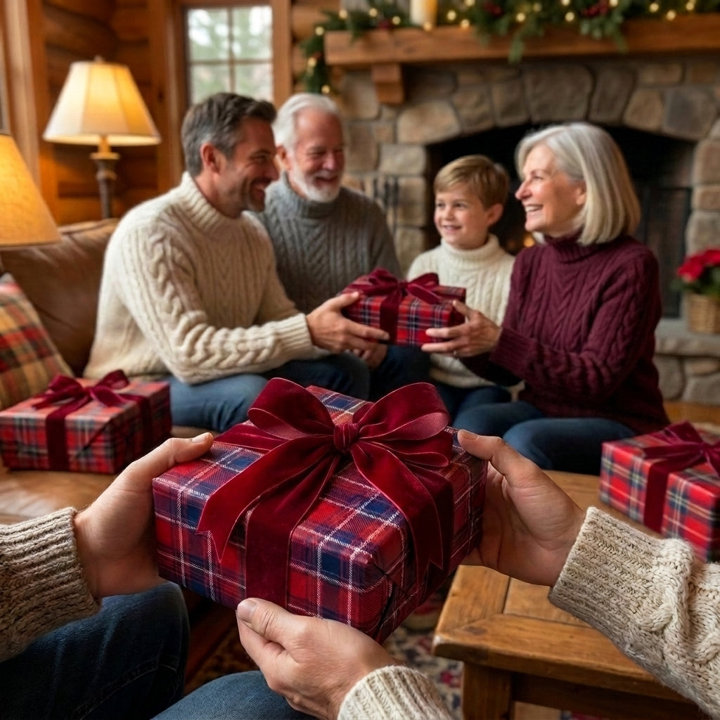 Red plaid Christmas gift wrap with a velvet bow by Wrapped Studios, held by a family by the fireplace.