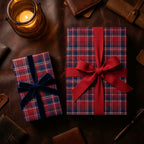 Cozy red and blue plaid wrapping paper on Christmas gifts with ribbons by Wrapped Studios.