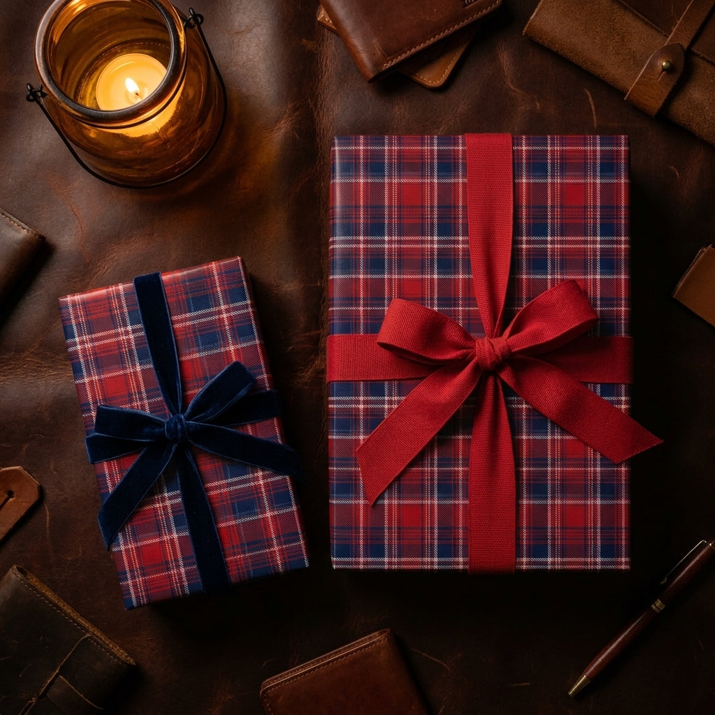 Cozy red and blue plaid wrapping paper on Christmas gifts with ribbons by Wrapped Studios.
