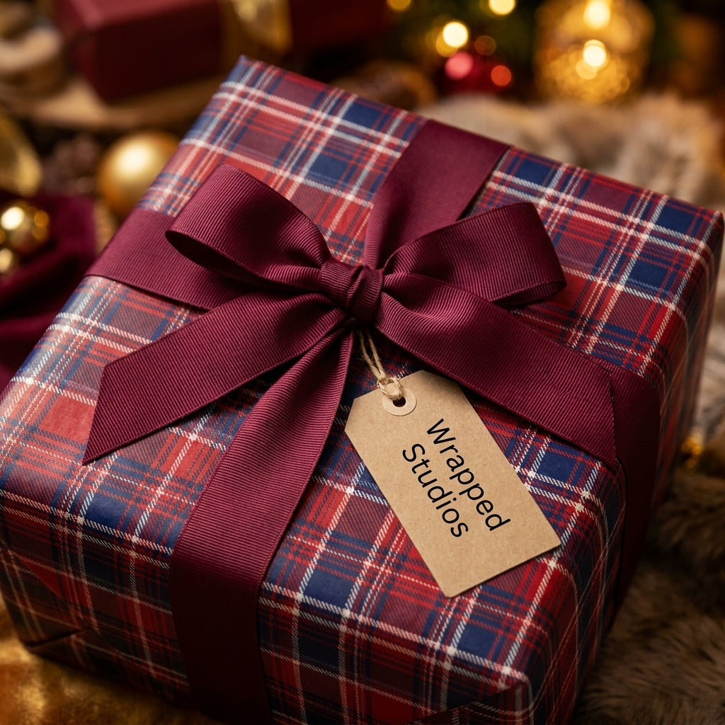 Red plaid Christmas wrapping paper with a burgundy ribbon and tag by Wrapped Studios.