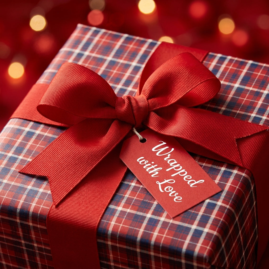 Red plaid Christmas wrapping paper with a red ribbon bow and gift tag by Wrapped Studios.