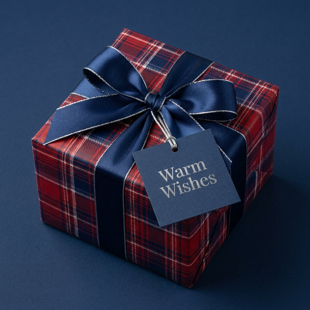 Red plaid Christmas wrapping paper with a navy satin bow and "Warm Wishes" tag by Wrapped Studios.