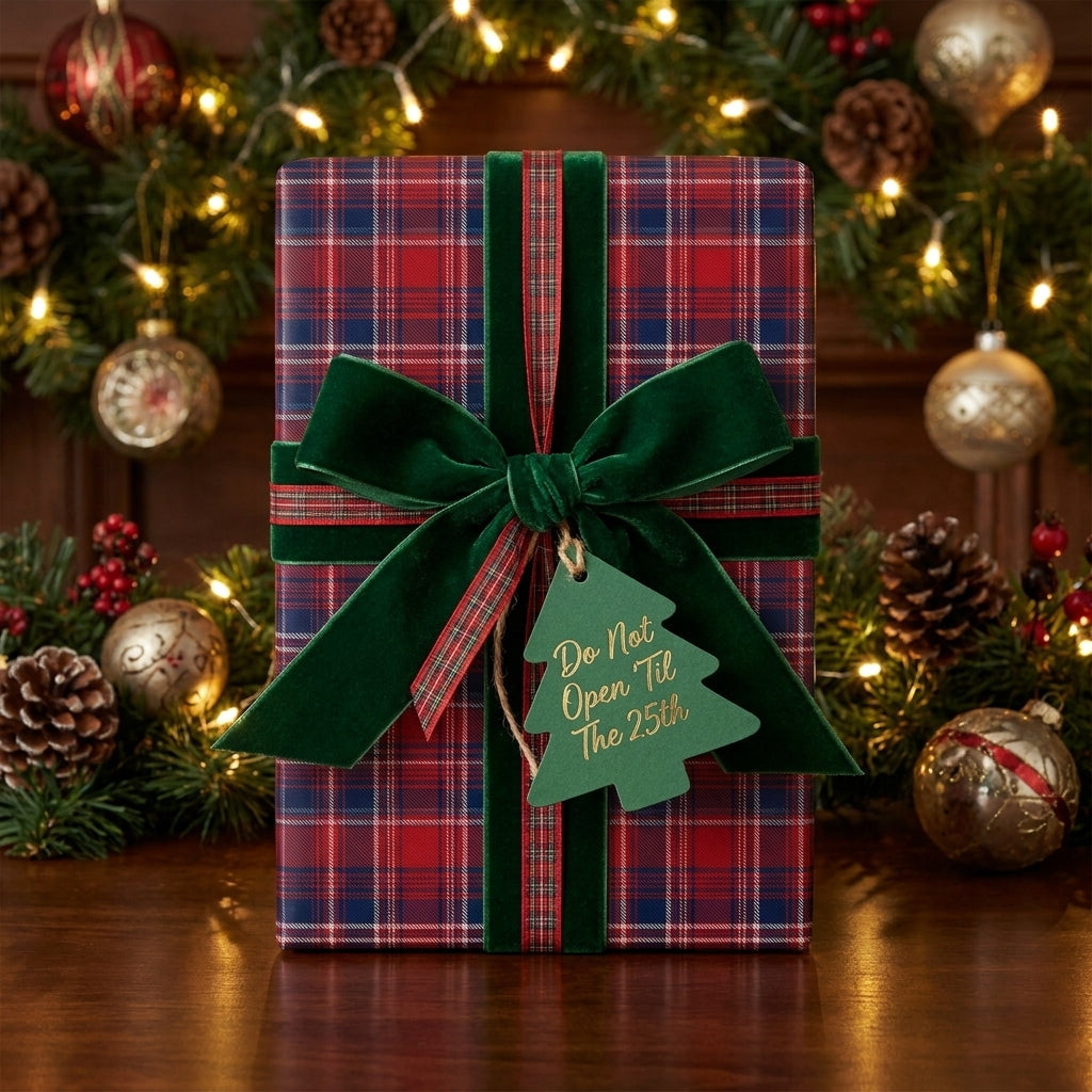 Red plaid Christmas wrapping paper with a green velvet ribbon in a festive holiday setting by Wrapped Studios.