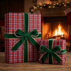 Red plaid Christmas wrapping paper with green velvet ribbons by Wrapped Studios, in front of a fireplace.