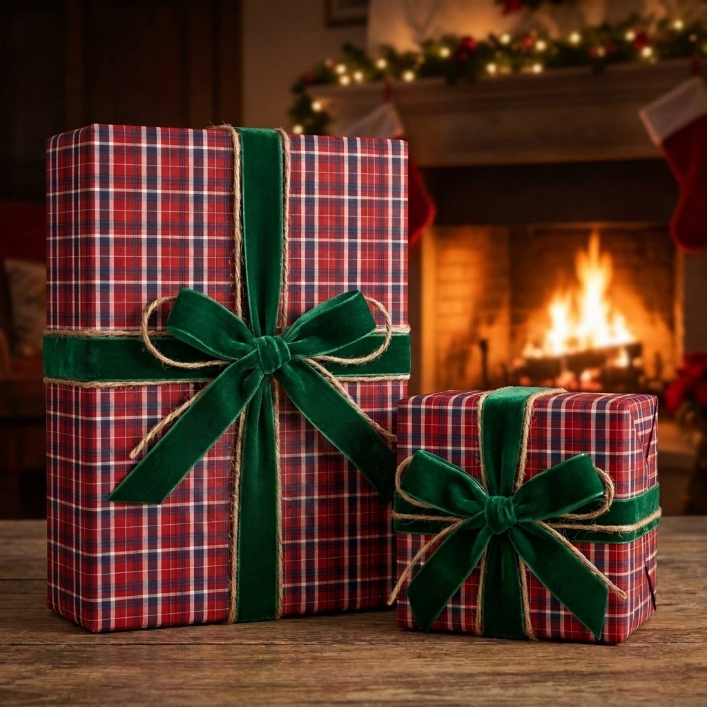 Red plaid Christmas wrapping paper with green velvet ribbons by Wrapped Studios, in front of a fireplace.