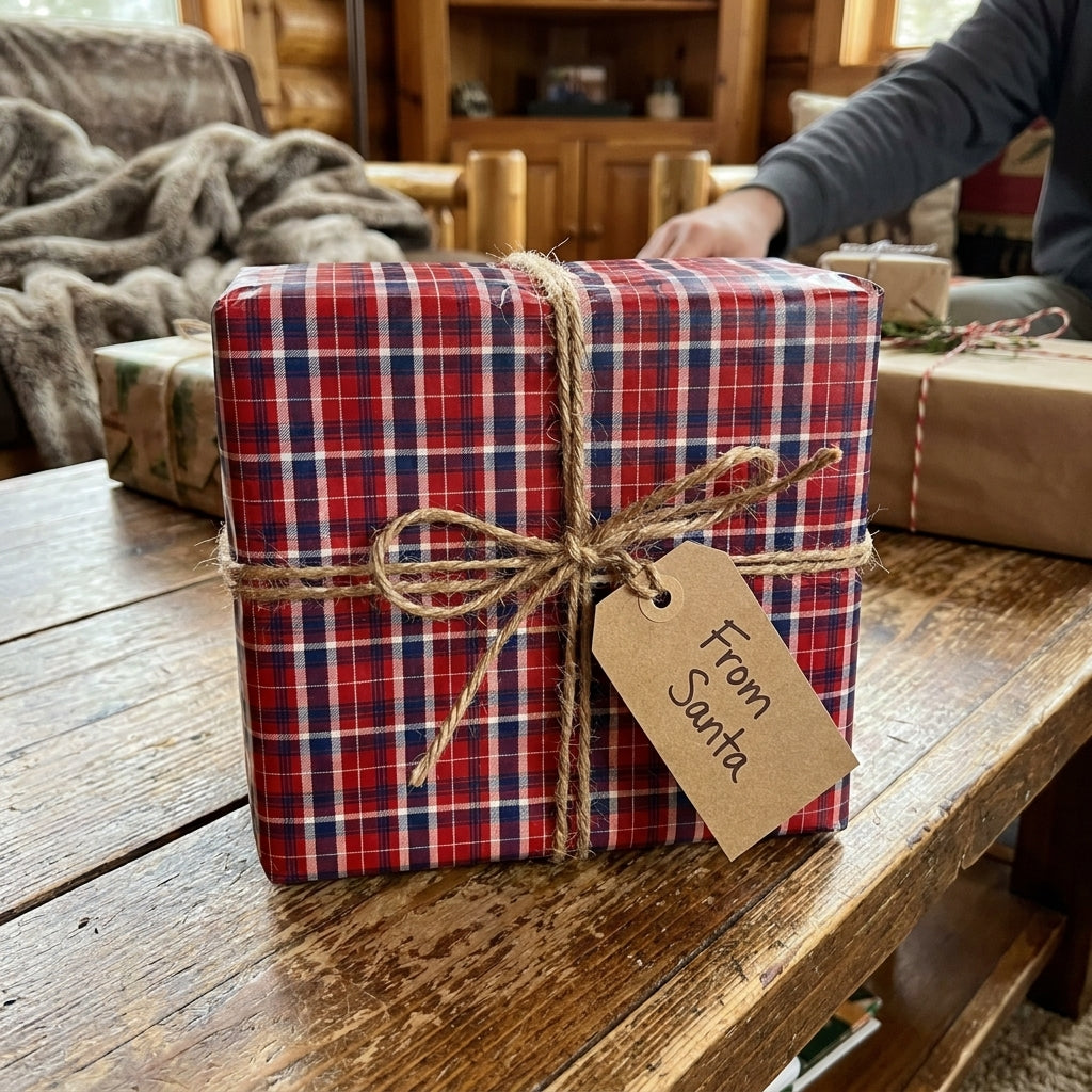 Rustic red plaid Christmas wrapping paper with a twine bow and Santa gift tag by Wrapped Studios.