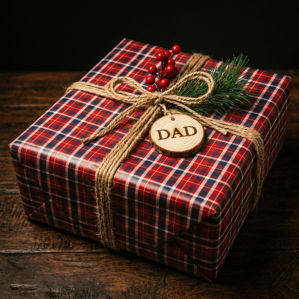 Red plaid wrapping paper on a Christmas gift for Dad with rustic twine bow by Wrapped Studios.