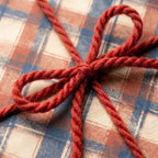 Rustic plaid wrapping paper with a red yarn bow, perfect for holiday gifts by Wrapped Studios.