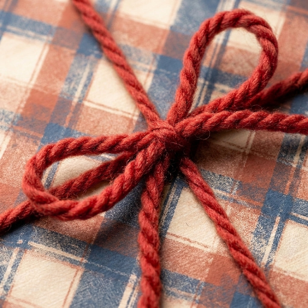 Rustic plaid wrapping paper with a red yarn bow, perfect for holiday gifts by Wrapped Studios.