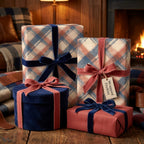 Cozy red and blue plaid Christmas wrapping paper with velvet ribbons by Wrapped Studios.
