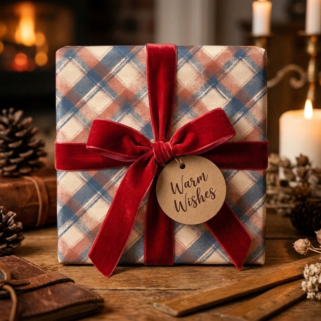 Plaid Christmas wrapping paper with a red velvet bow and Warm Wishes tag by Wrapped Studios.
