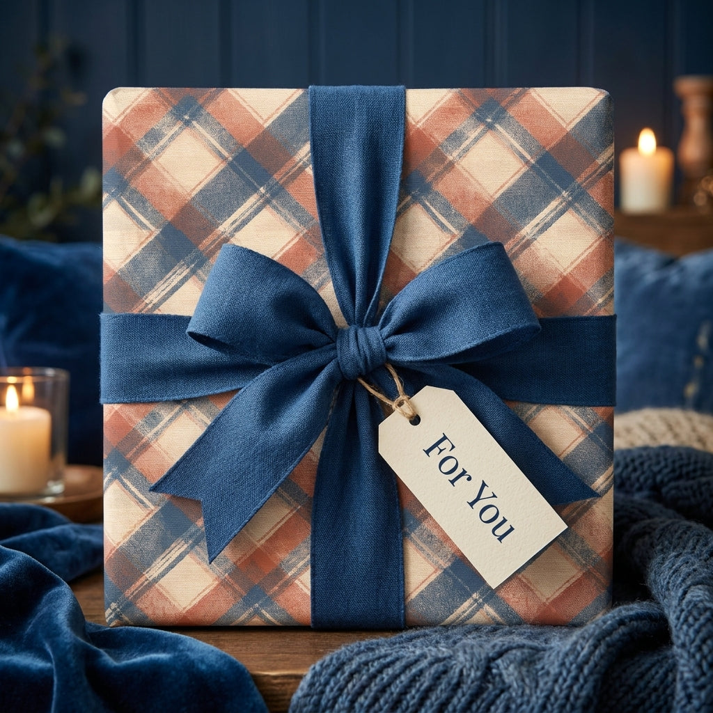 Rustic navy and rust plaid wrapping paper with a blue bow and gift tag by Wrapped Studios.