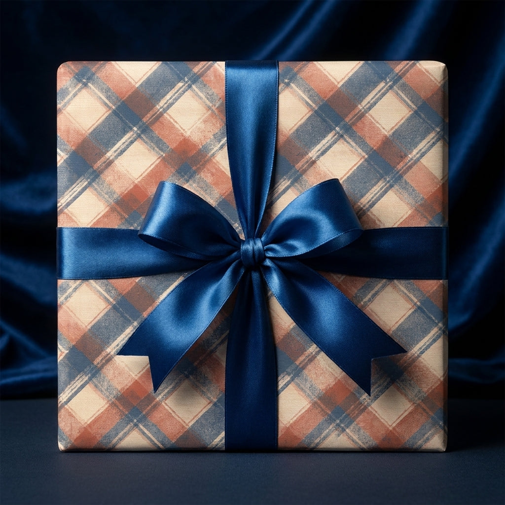 Luxury blue and orange plaid wrapping paper with a satin ribbon bow by Wrapped Studios.