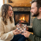 Couple exchanging a gift wrapped in rustic plaid Christmas wrapping paper by Wrapped Studios by a fireplace.