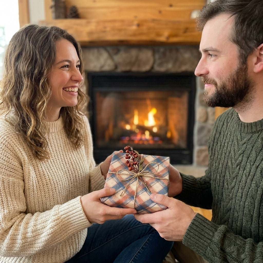 Couple exchanging a gift wrapped in rustic plaid Christmas wrapping paper by Wrapped Studios by a fireplace.