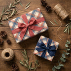 Rustic holiday gifts wrapped in rustic plaid wrapping paper with velvet bows by Wrapped Studios.