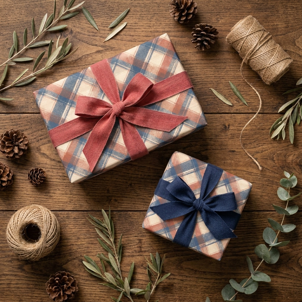 Rustic holiday gifts wrapped in rustic plaid wrapping paper with velvet bows by Wrapped Studios.