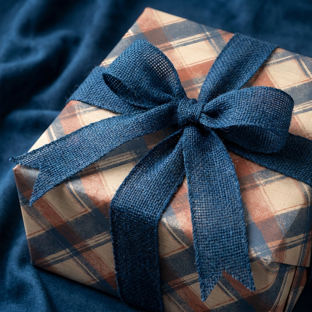 Rustic navy and brown plaid wrapping paper with a blue burlap ribbon by Wrapped Studios.