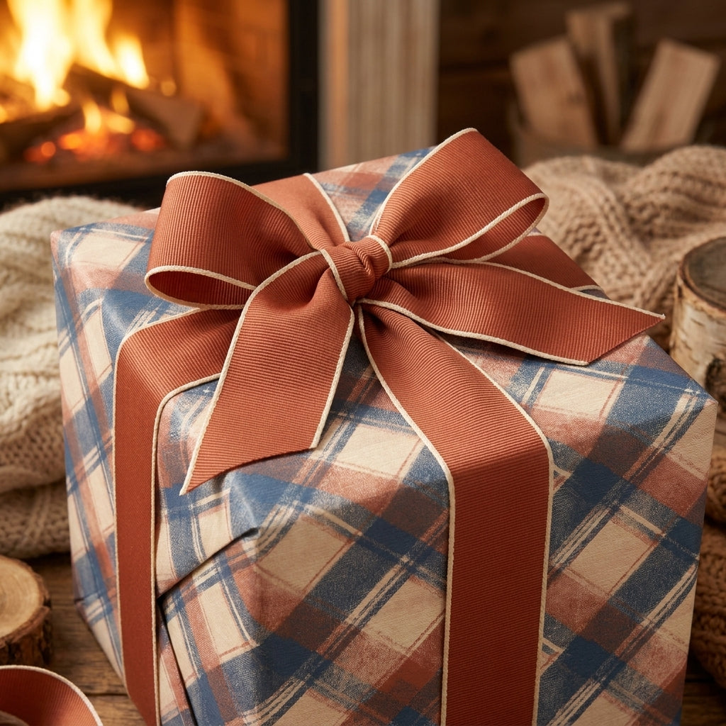 Rustic plaid wrapping paper in rust and blue with a large bow by a cozy fireplace. Wrapped Studios.