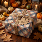 Thanksgiving plaid wrapping paper by Wrapped Studios on a rustic gift with a twine bow and autumn pumpkins.