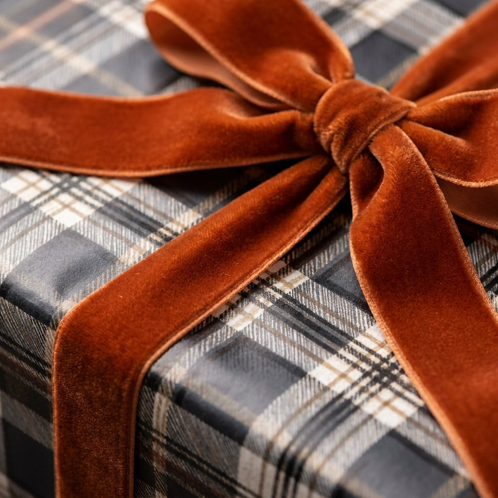 Plaid wrapping paper in black and grey with a luxury burnt orange velvet bow by Wrapped Studios.