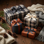 Cozy plaid Christmas wrapping paper and rustic holiday gift wrap with ribbons by Wrapped Studios.