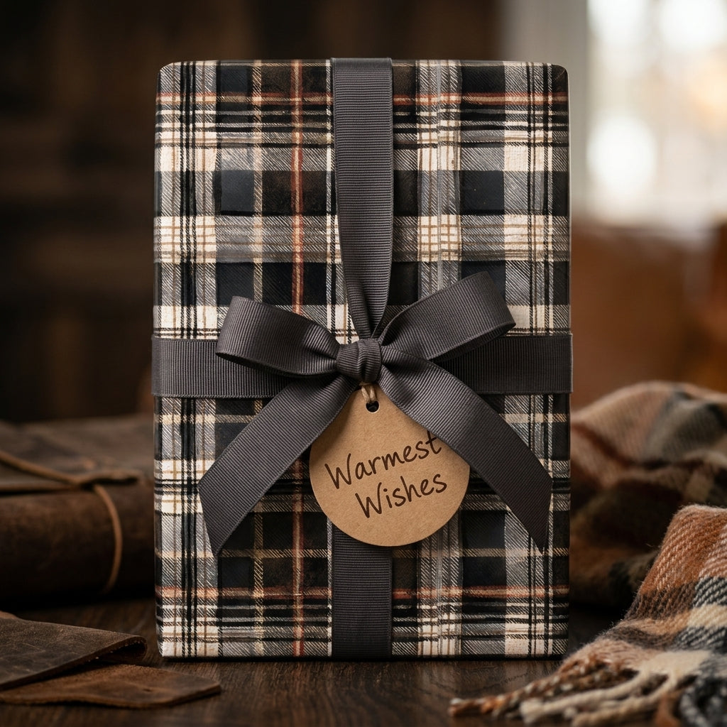 Rustic plaid wrapping paper by Wrapped Studios on a holiday gift box with a grey bow and Warmest Wishes tag.