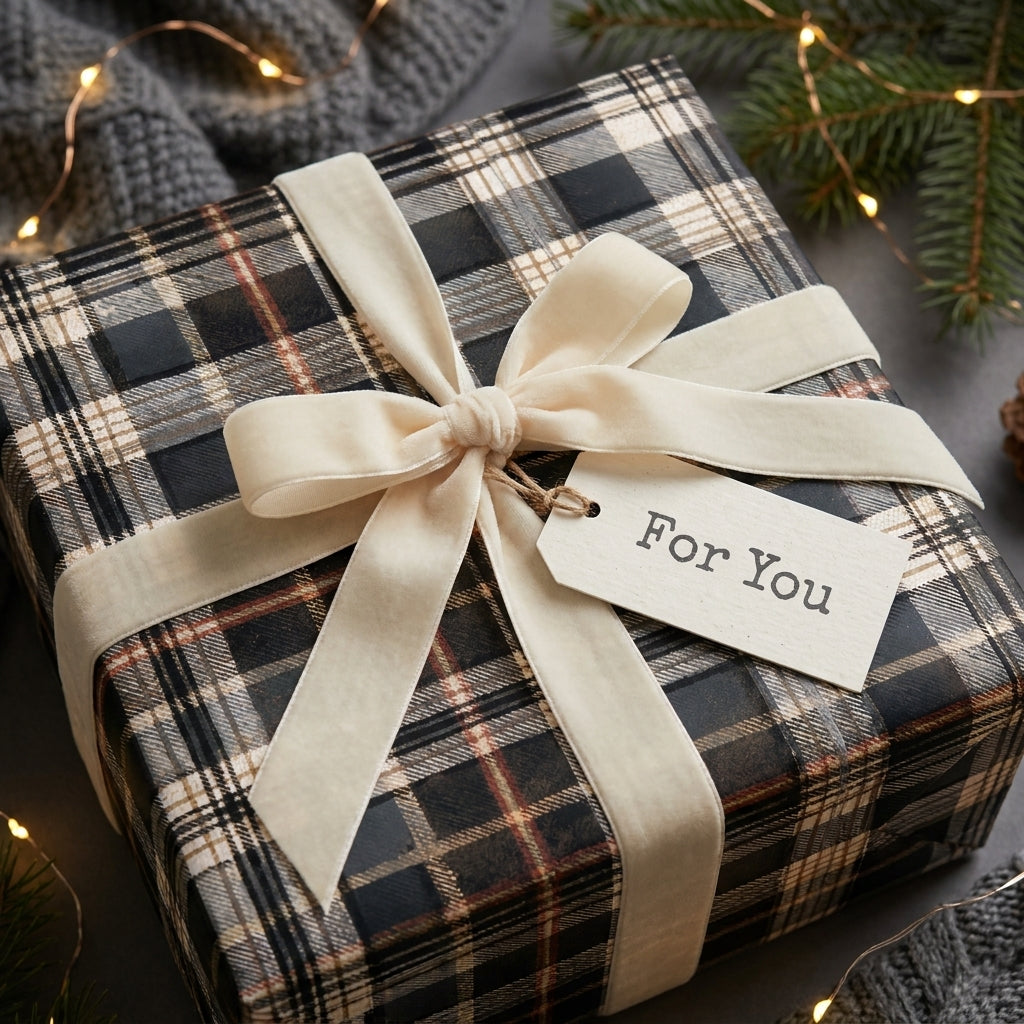 Rustic plaid Christmas wrapping paper with a cream velvet bow by Wrapped Studios.