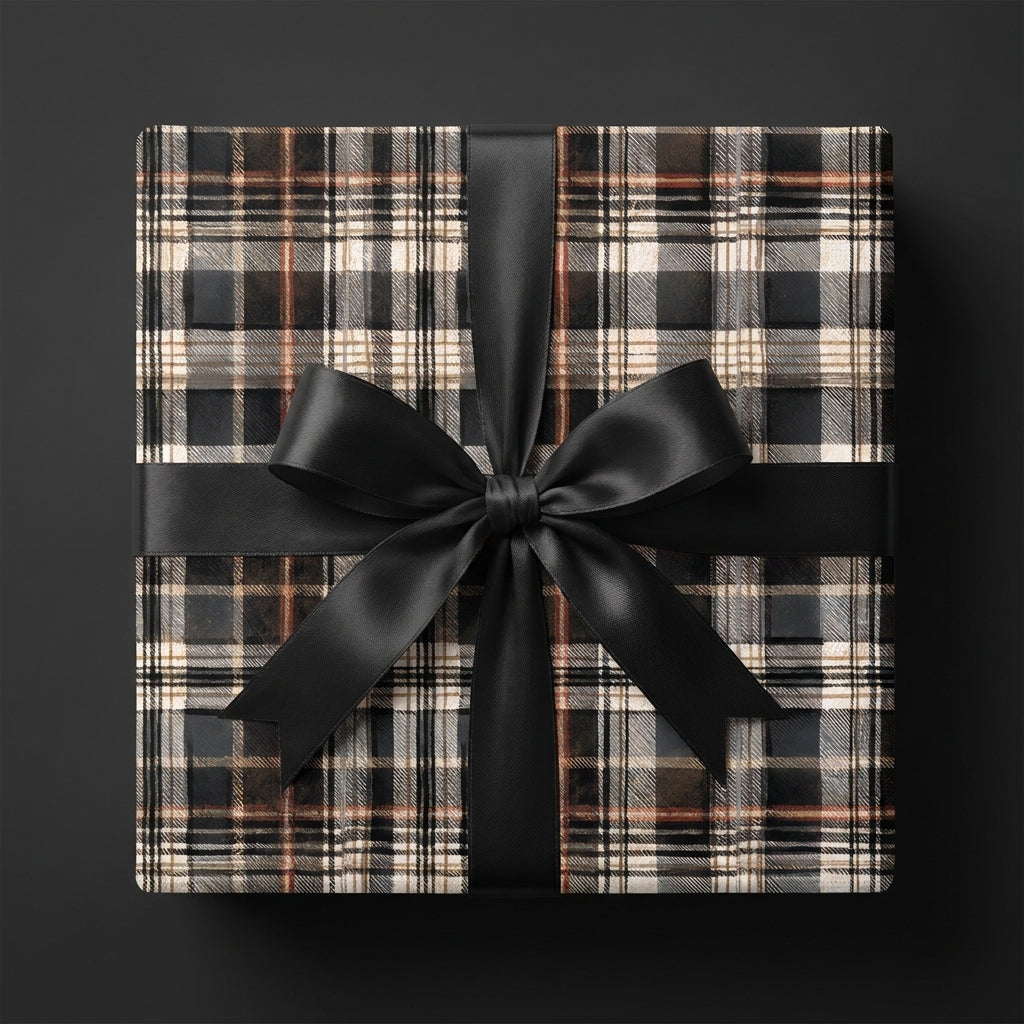 Black plaid wrapping paper with a satin ribbon bow on a luxury gift box by Wrapped Studios.