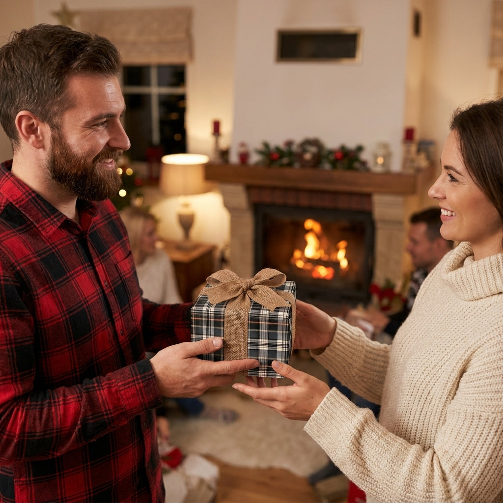 Couple exchanging gift in plaid Christmas wrapping paper with burlap bow, by Wrapped Studios.